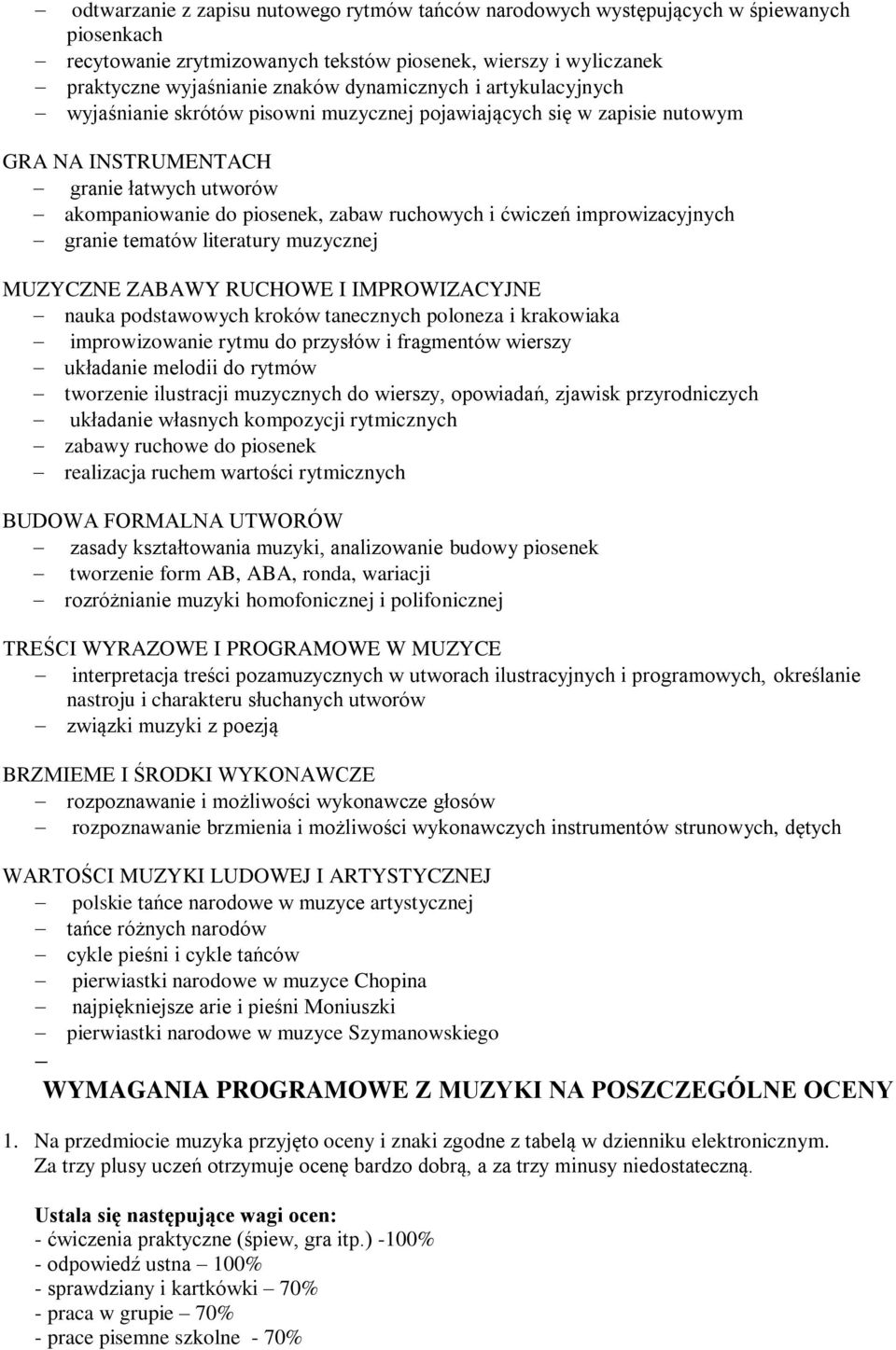 ćwiczeń improwizacyjnych granie tematów literatury muzycznej MUZYCZNE ZABAWY RUCHOWE I IMPROWIZACYJNE nauka podstawowych kroków tanecznych poloneza i krakowiaka improwizowanie rytmu do przysłów i