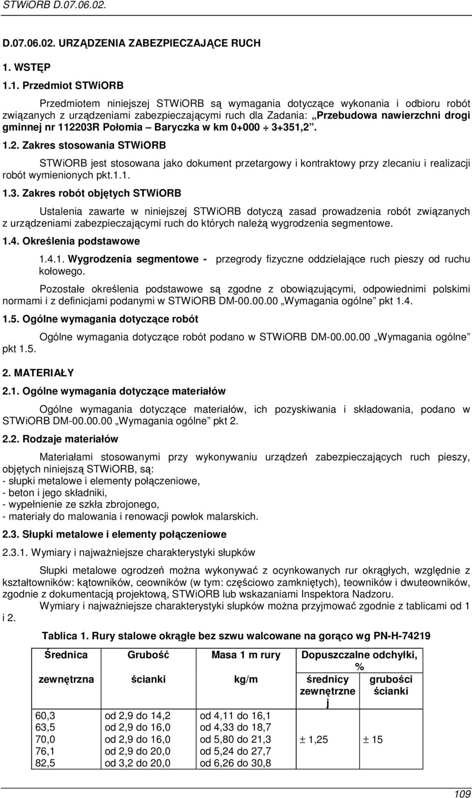 1. Przedmiot STWiORB Przedmiotem niniejszej STWiORB są wymagania dotyczące wykonania i odbioru robót związanych z urządzeniami zabezpieczającymi ruch dla Zadania: Przebudowa nawierzchni drogi gminnej