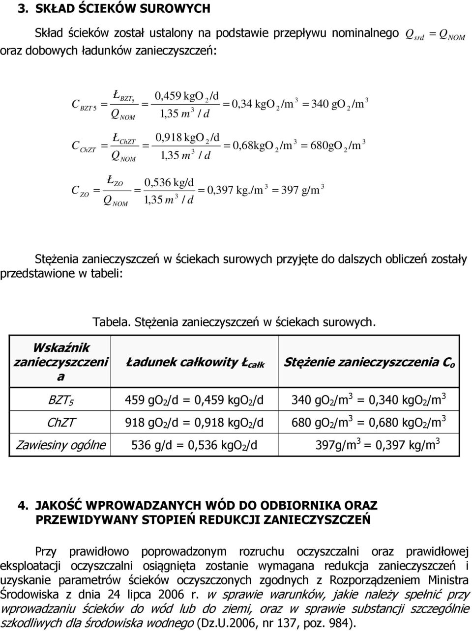 /m = 397 g/m 3 Stężenia zanieczyszczeń w ściekach surowych 