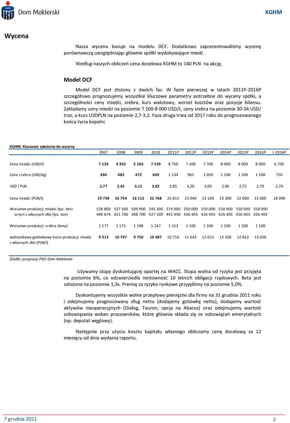 W fazie pierwszej w latach 2011P-2016P szczegółowo prognozujemy wszystkie kluczowe parametry potrzebne do wyceny spółki, a szczególności ceny miedzi, srebra, kurs walutowy, wzrost kosztów oraz