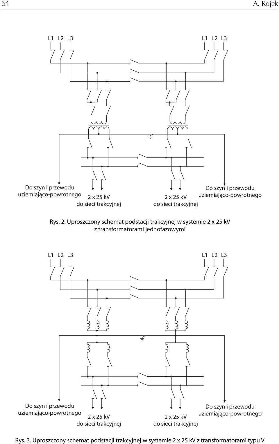 Uproszczony schemat podstacji trakcyjnej w systemie 2 x 25 kv z transformatorami jednofazowymi L1 L2 L3 L1 L2 L3 Do szyn i przewodu