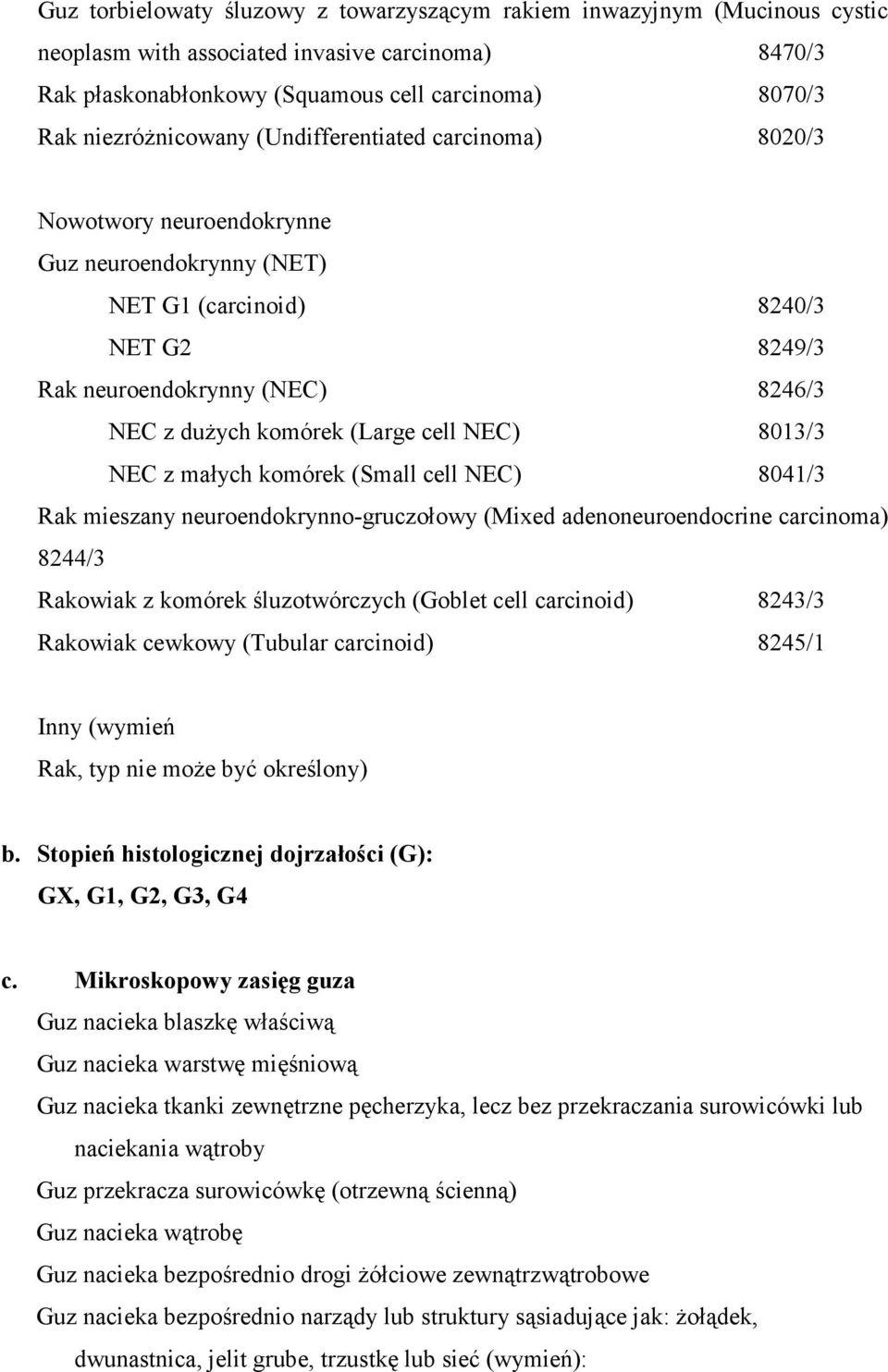 (Large cell NEC) 8013/3 NEC z małych komórek (Small cell NEC) 8041/3 Rak mieszany neuroendokrynno-gruczołowy (Mixed adenoneuroendocrine carcinoma) 8244/3 Rakowiak z komórek śluzotwórczych (Goblet