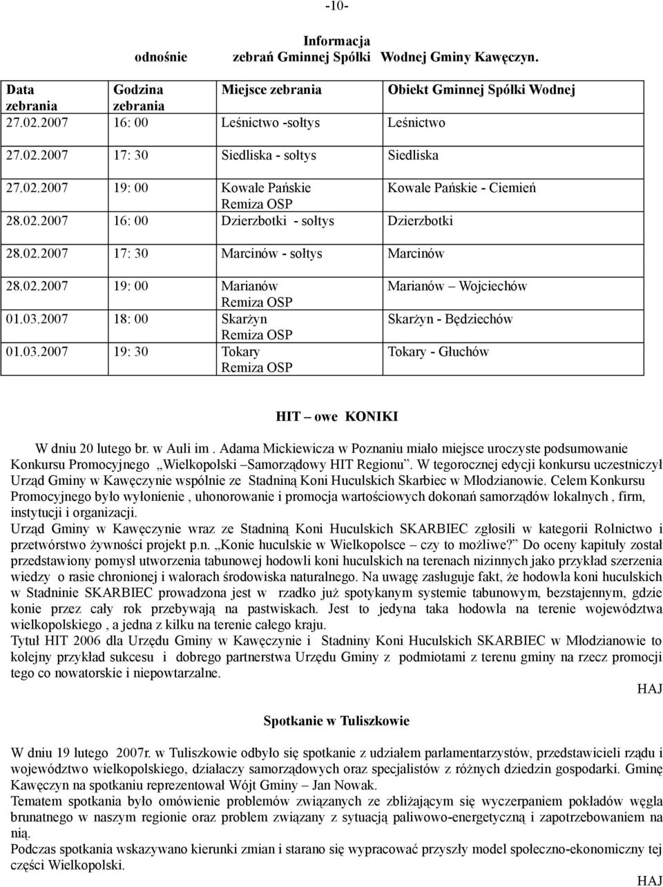 03.2007 18: 00 Skarżyn Remiza OSP 01.03.2007 19: 30 Tokary Remiza OSP Marianów Wojciechów Skarżyn - Będziechów Tokary - Głuchów HIT owe KONIKI W dniu 20 lutego br. w Auli im.