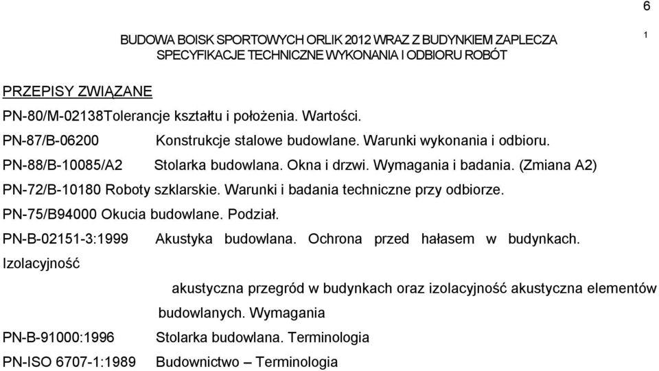 (Zmiana A2) PN-72/B-10180 Roboty szklarskie. Warunki i badania techniczne przy odbiorze. PN-7/B94000 Okucia budowlane. Podział. PN-B-0211-3:1999 Akustyka budowlana.