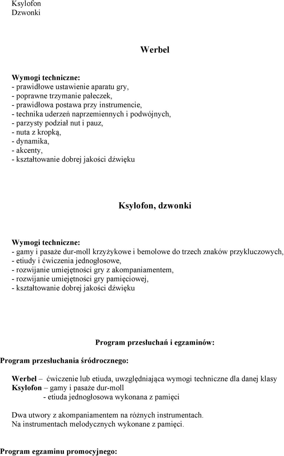 przykluczowych, - etiudy i ćwiczenia jednogłosowe, Program przesłuchania śródrocznego: Program przesłuchań i egzaminów: ćwiczenie lub etiuda, uwzględniająca