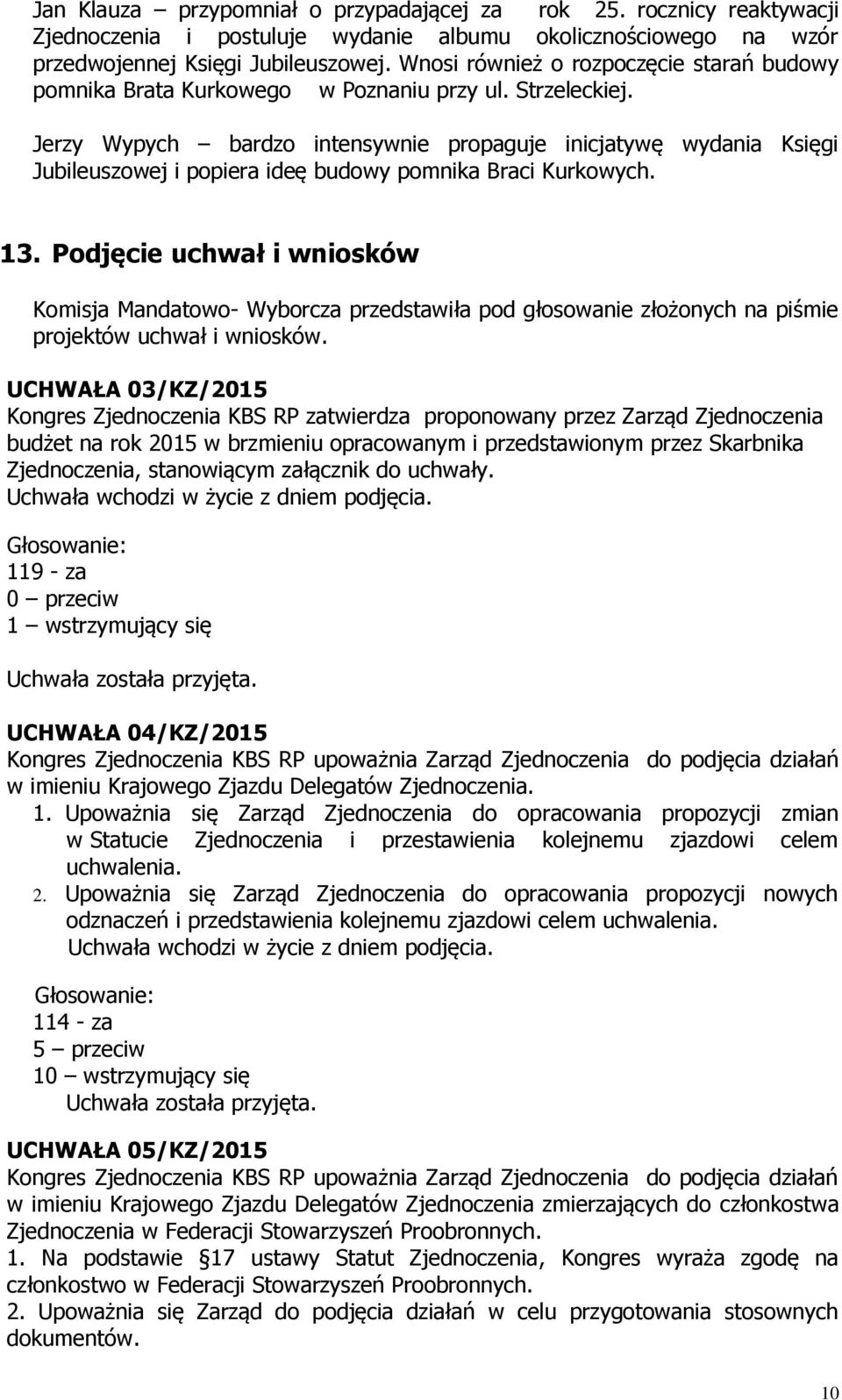 Jerzy Wypych bardzo intensywnie propaguje inicjatywę wydania Księgi Jubileuszowej i popiera ideę budowy pomnika Braci Kurkowych. 13.