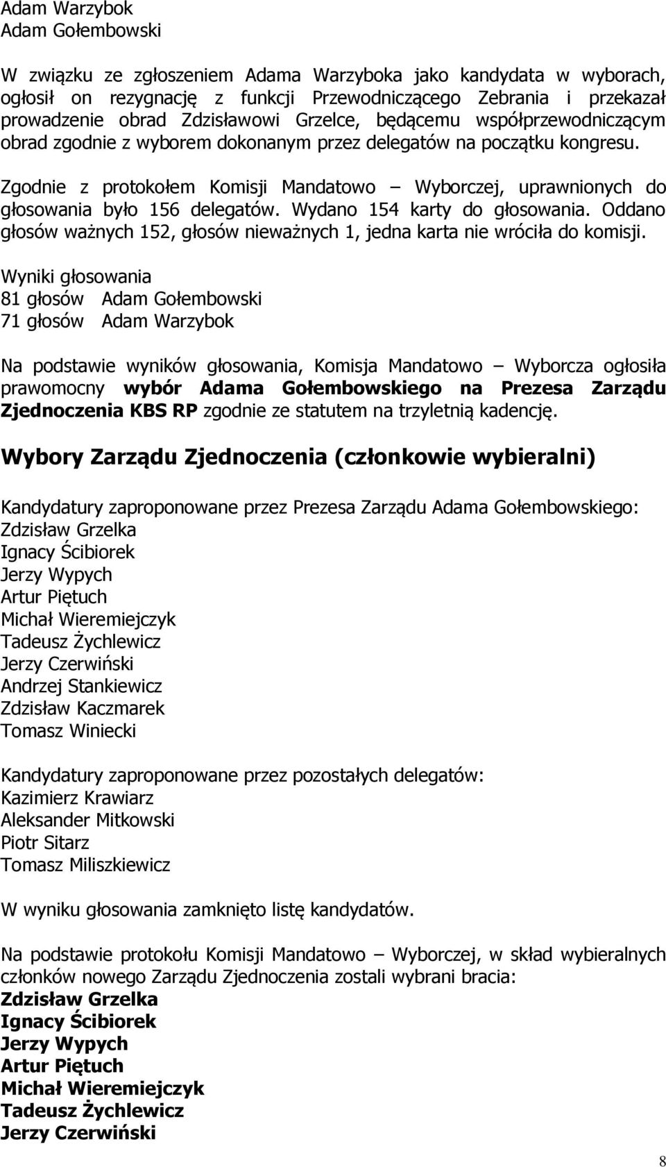 Zgodnie z protokołem Komisji Mandatowo Wyborczej, uprawnionych do głosowania było 156 delegatów. Wydano 154 karty do głosowania.