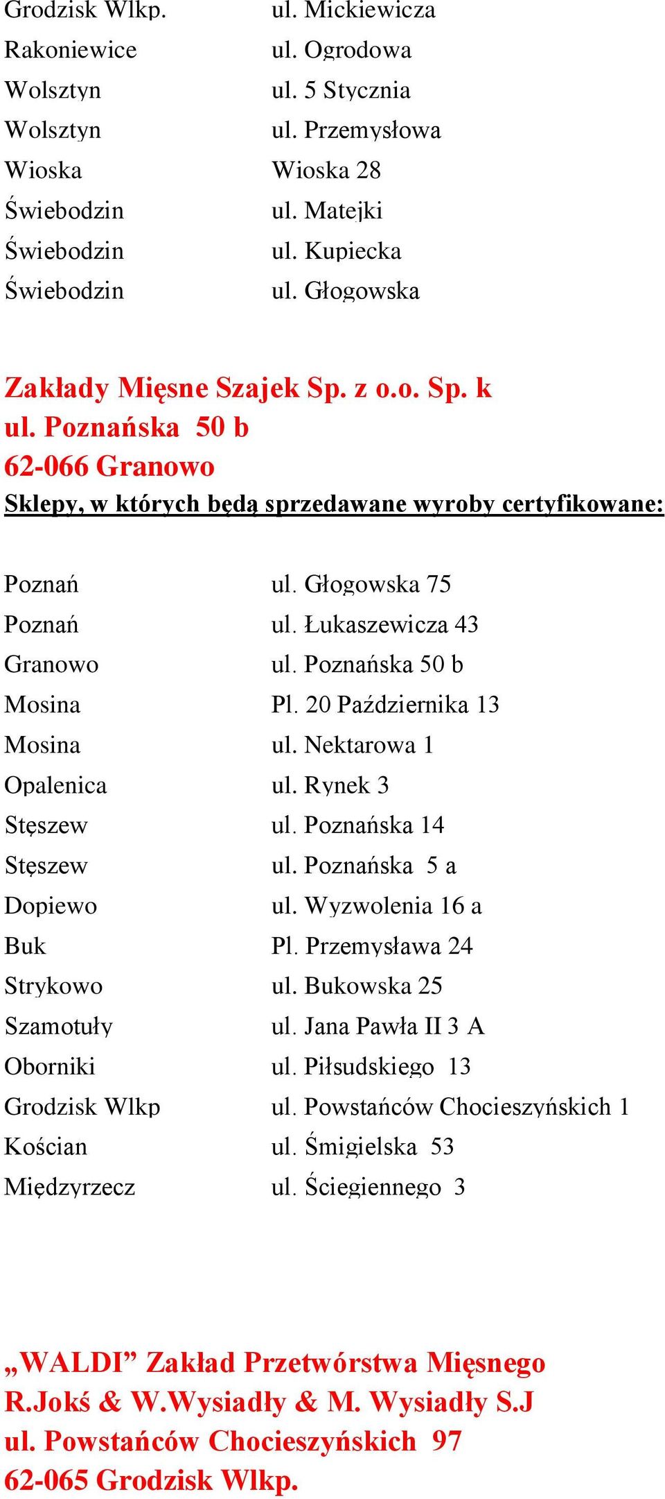 Nektarowa 1 Opalenica ul. Rynek 3 Stęszew ul. ska 14 Stęszew ul. ska 5 a Dopiewo ul. Wyzwolenia 16 a Buk Pl. Przemysława 24 Strykowo ul. Bukowska 25 Szamotuły ul. Jana Pawła II 3 A Oborniki ul.
