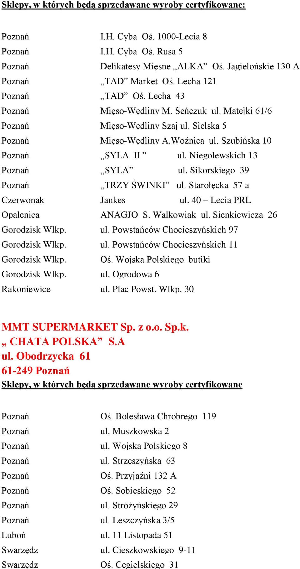 Walkowiak ul. Sienkiewicza 26 Gorodzisk Wlkp. ul. Powstańców Chocieszyńskich 97 Gorodzisk Wlkp. ul. Powstańców Chocieszyńskich 11 Gorodzisk Wlkp. Oś. Wojska Polskiego butiki Gorodzisk Wlkp. ul. Ogrodowa 6 Rakoniewice ul.