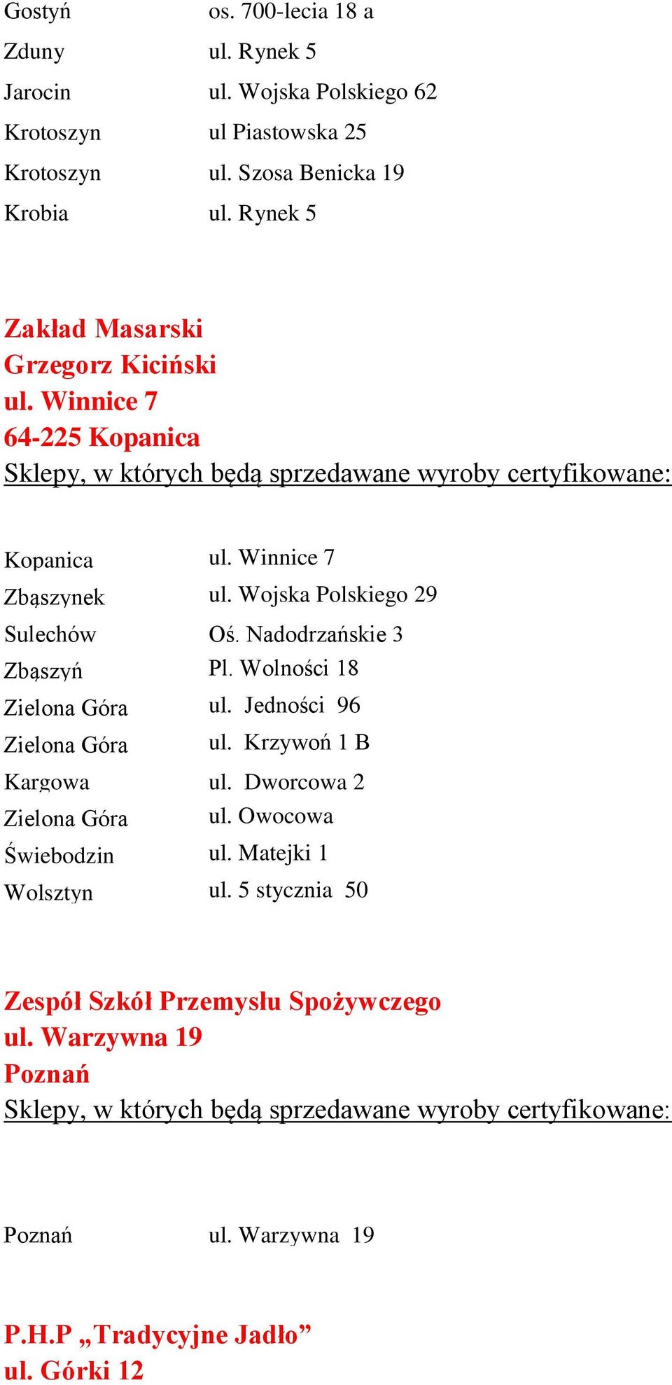 Nadodrzańskie 3 Zbąszyń Pl. Wolności 18 Zielona Góra ul. Jedności 96 Zielona Góra ul. Krzywoń 1 B Kargowa ul. Dworcowa 2 Zielona Góra ul.