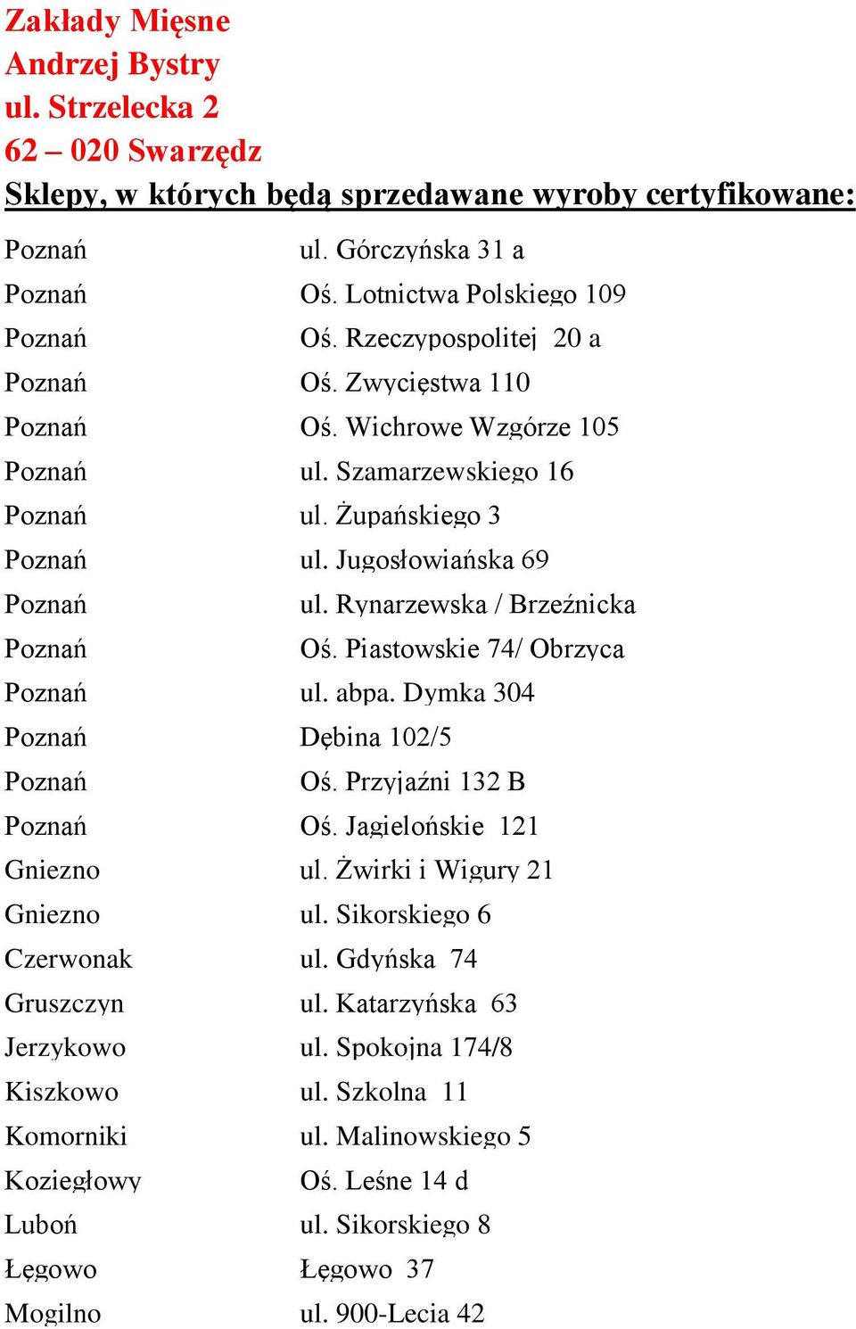Dymka 304 Dębina 102/5 Oś. Przyjaźni 132 B Oś. Jagielońskie 121 Gniezno ul. Żwirki i Wigury 21 Gniezno ul. Sikorskiego 6 Czerwonak ul. Gdyńska 74 Gruszczyn ul.