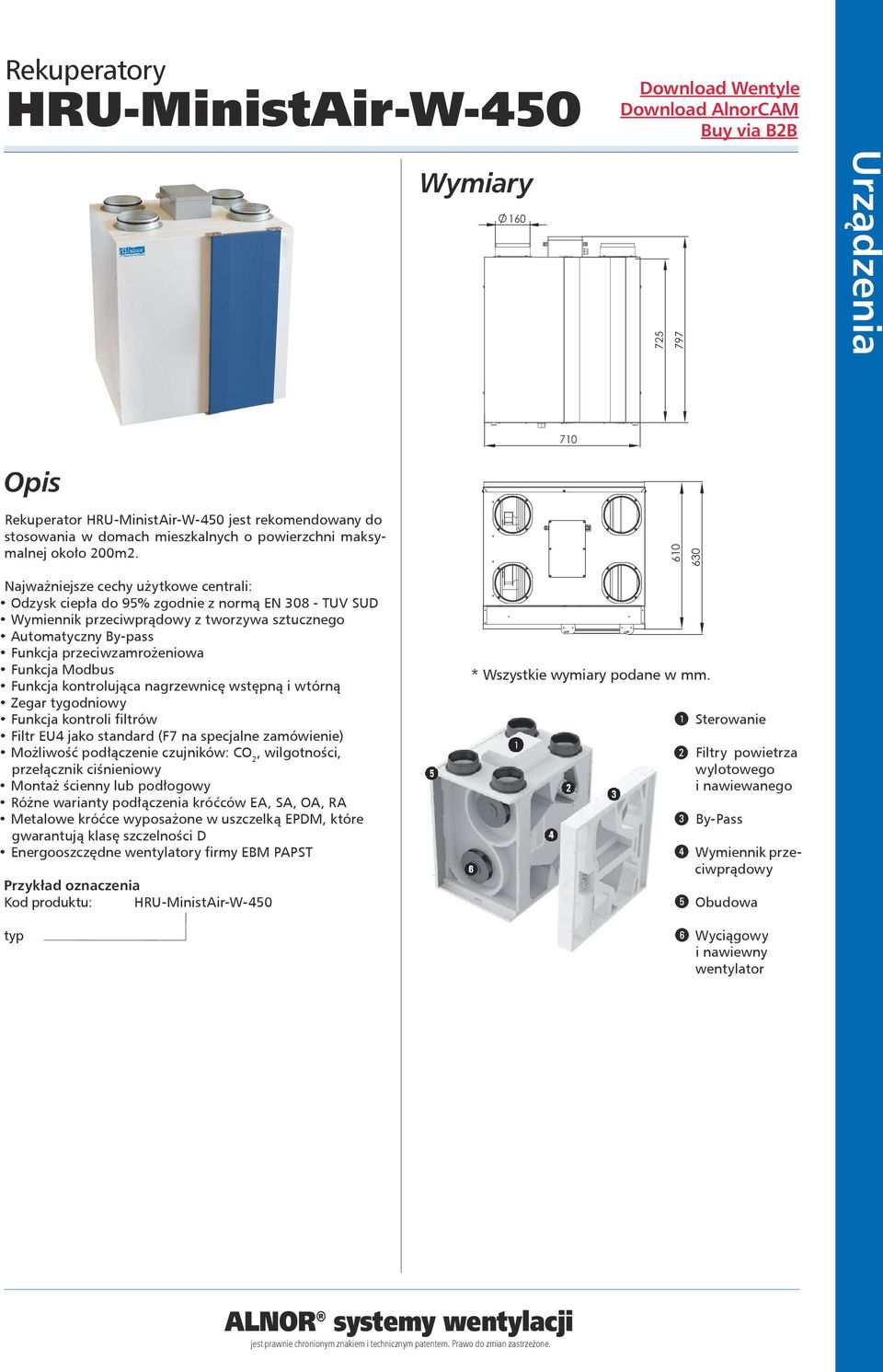 Funkcja Modbus Funkcja kontrolująca nagrzewnicę wstępną i wtórną Zegar tygodniowy Funkcja kontroli filtrów Filtr EU4 jako standard (F7 na specjalne zamówienie) Możliwość podłączenie czujników: CO 2,