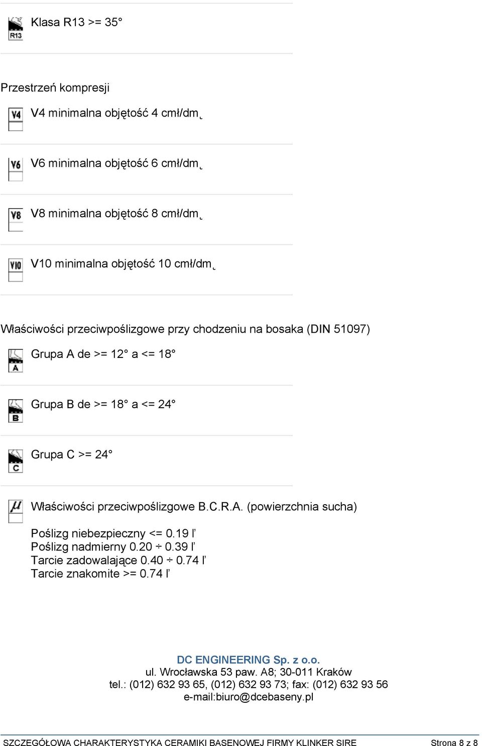 19 ľ Poślizg nadmierny 0.20 0.39 ľ Tarcie zadowalające 0.40 0.74 ľ Tarcie znakomite >= 0.74 ľ DC ENGINEERING Sp. z o.o. ul. Wrocławska 53 paw. A8; 30-011 Kraków tel.