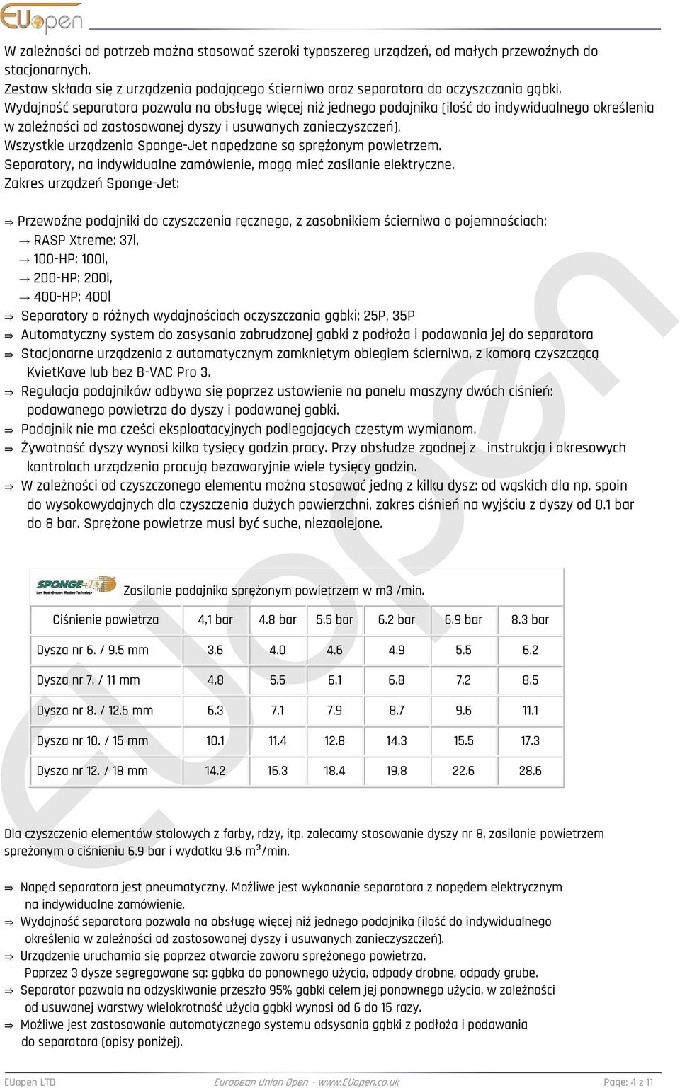Wszystkie urządzenia Sponge-Jet napędzane są sprężonym powietrzem. Separatory, na indywidualne zamówienie, mogą mieć zasilanie elektryczne.