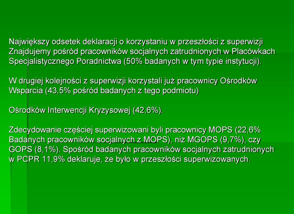 W drugiej kolejności z superwizji korzystali już pracownicy Ośrodków Wsparcia (43,5% pośród badanych z tego podmiotu) Ośrodków Interwencji Kryzysowej