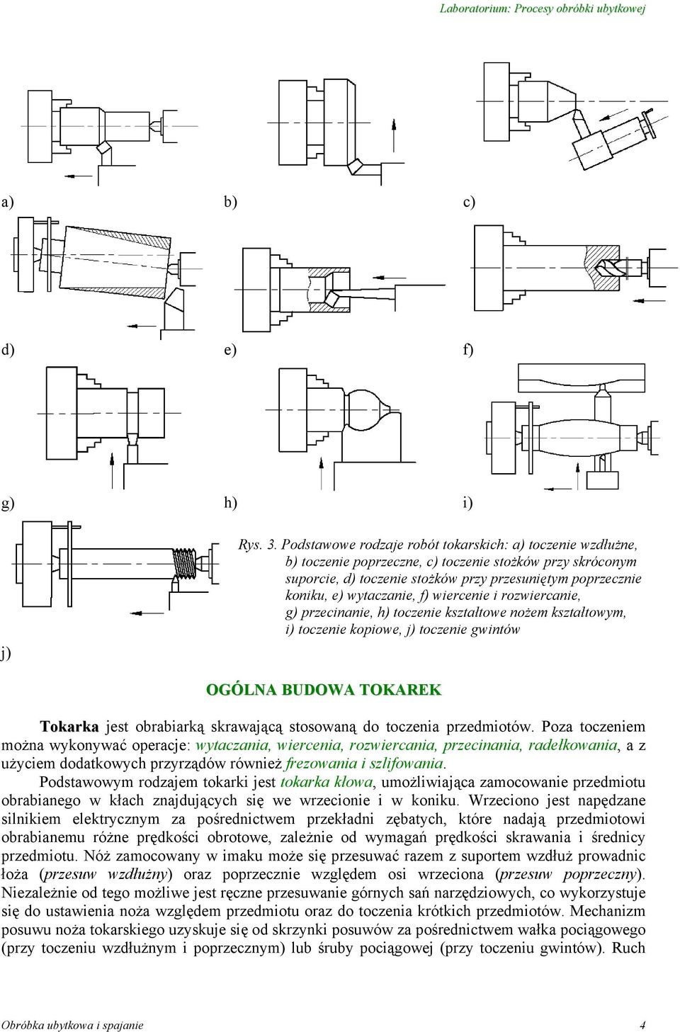 wytaczanie, f) wiercenie i rozwiercanie, g) przecinanie, h) toczenie kształtowe nożem kształtowym, i) toczenie kopiowe, j) toczenie gwintów OGÓLNA BUDOWA TOKAREK Tokarka jest obrabiarką skrawającą