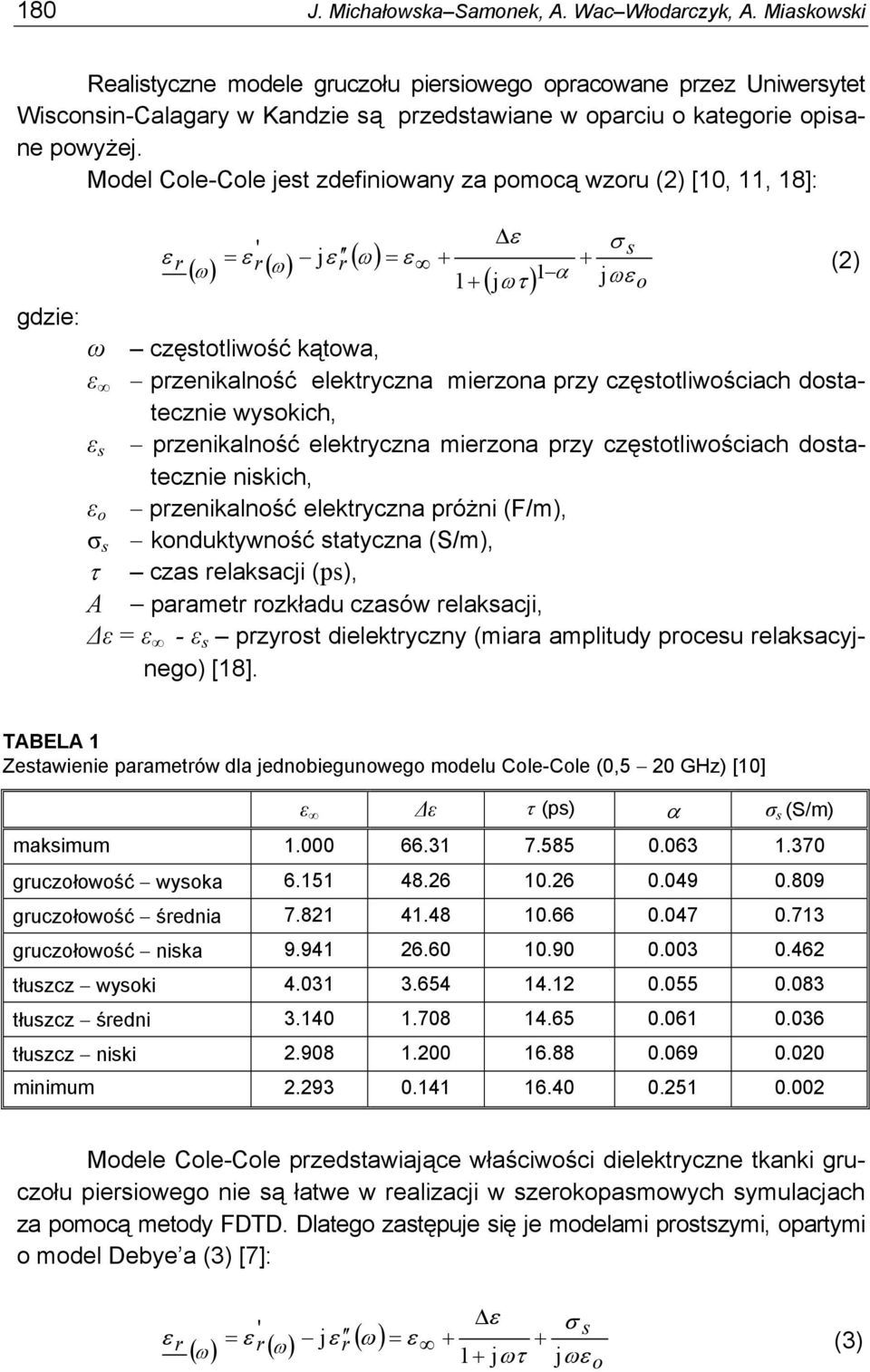 Model Cole-Cole jest zdefiniowany za pomocą wzoru (2) [10, 11, 18]: ε σ ε ( ) ( ) ( ) s r ε ' Δ = r ω jε r ω = ε ω + + 1+ ( jωτ ) 1 α jωε o (2) gdzie: ω częstotliwość kątowa, ε przenikalność