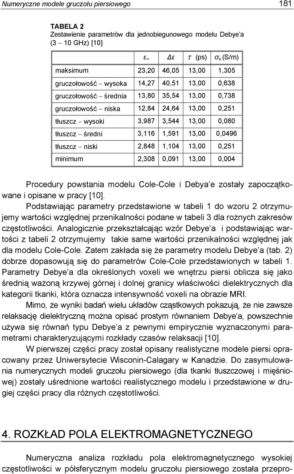 tłuszcz niski 2,848 1,104 13,00 0,251 minimum 2,308 0,091 13,00 0,004 Procedury powstania modelu Cole-Cole i Debya e zostały zapoczątkowane i opisane w pracy [10].