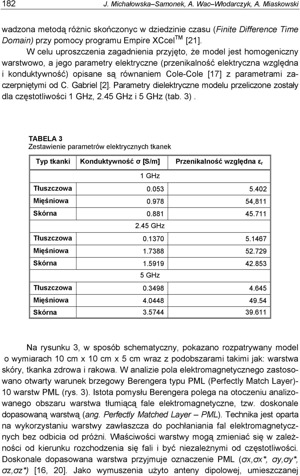 parametrami zaczerpniętymi od C. Gabriel [2]. Parametry dielektryczne modelu przeliczone zostały dla częstotliwości 1 GHz, 2.45 GHz i 5 GHz (tab. 3).