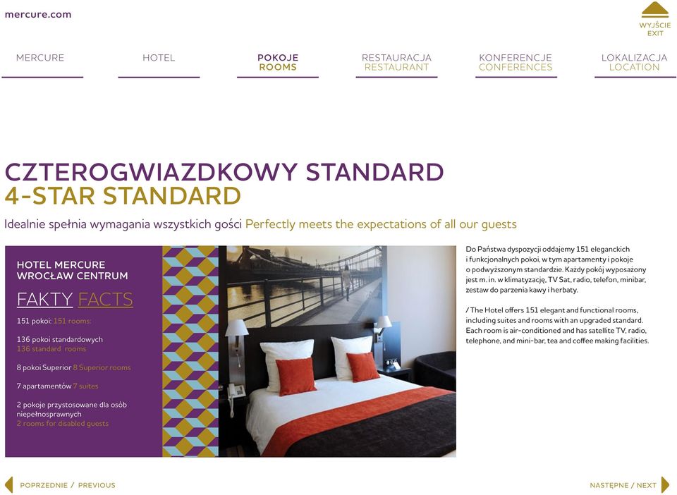w klimatyzację, TV Sat, radio, telefon, minibar, zestaw do parzenia kawy i herbaty. The Hotel offers 151 elegant and functional, including suites and with an upgraded standard.