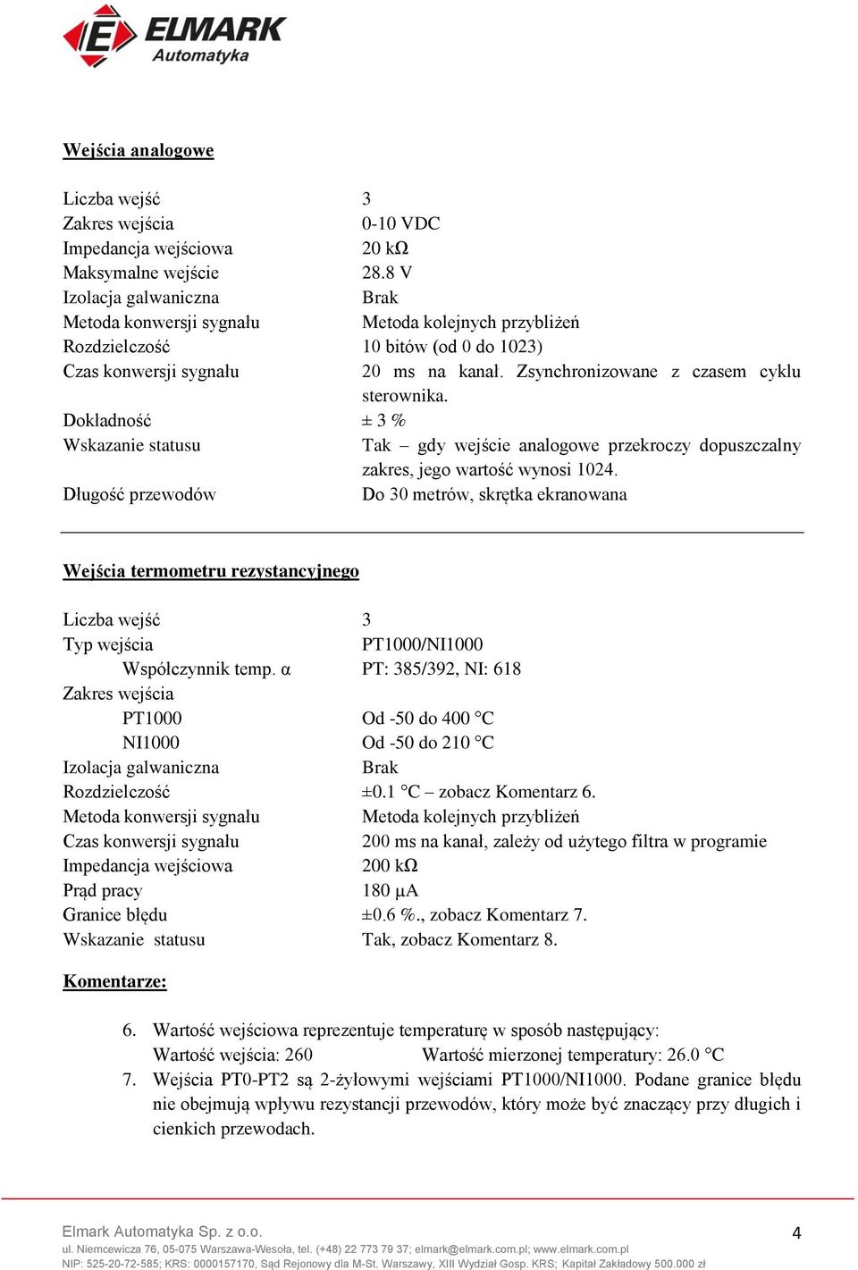 Dokładność ± 3 % Wskazanie statusu Tak gdy wejście analogowe przekroczy dopuszczalny zakres, jego wartość wynosi 1024.