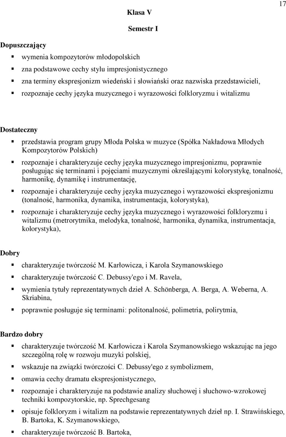 cechy języka muzycznego impresjonizmu, poprawnie posługując się terminami i pojęciami muzycznymi określającymi kolorystykę, tonalność, harmonikę, dynamikę i instrumentację, rozpoznaje i