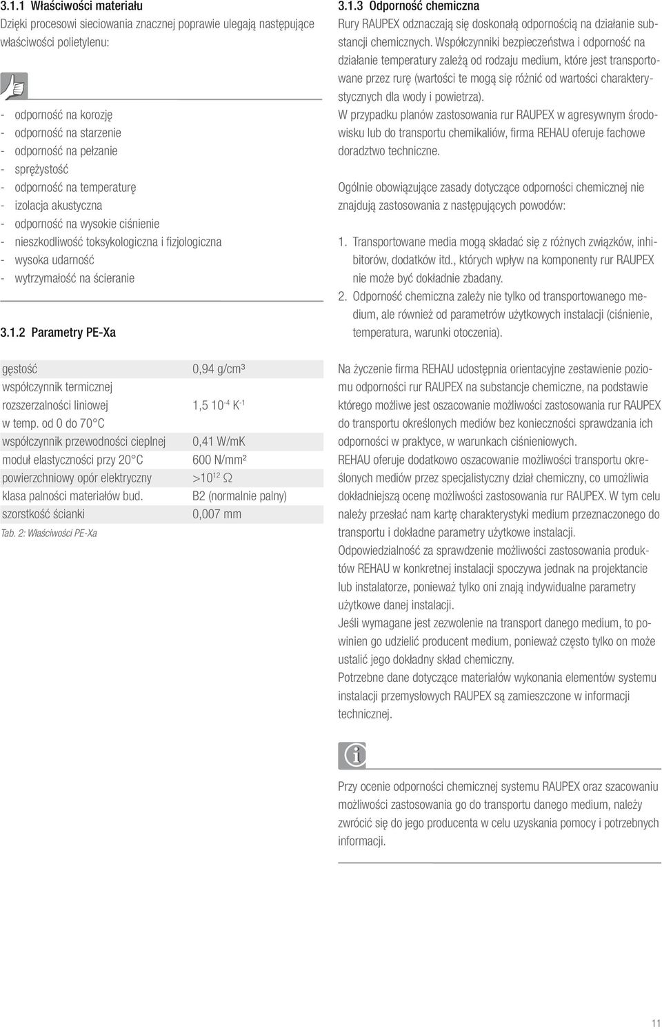 2 Parametry PE-Xa 3.1.3 Odporność chemiczna Rury RAUPEX odznaczają się doskonałą odpornością na działanie substancji chemicznych.