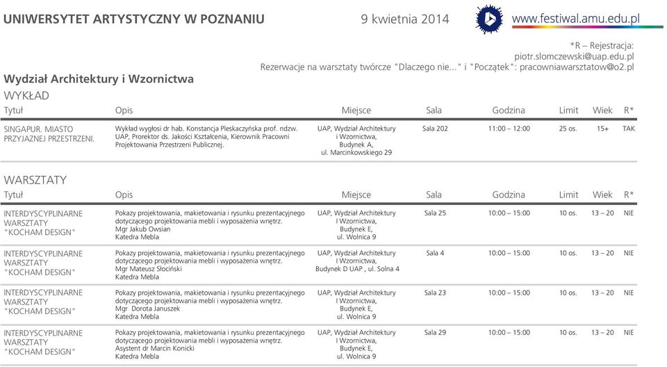 Jakości Kształcenia, Kierownik Pracowni Projektowania Przestrzeni Publicznej. i Wzornictwa, ul. Marcinkowskiego 29 Sala 202 11:00 12:00 25 os.