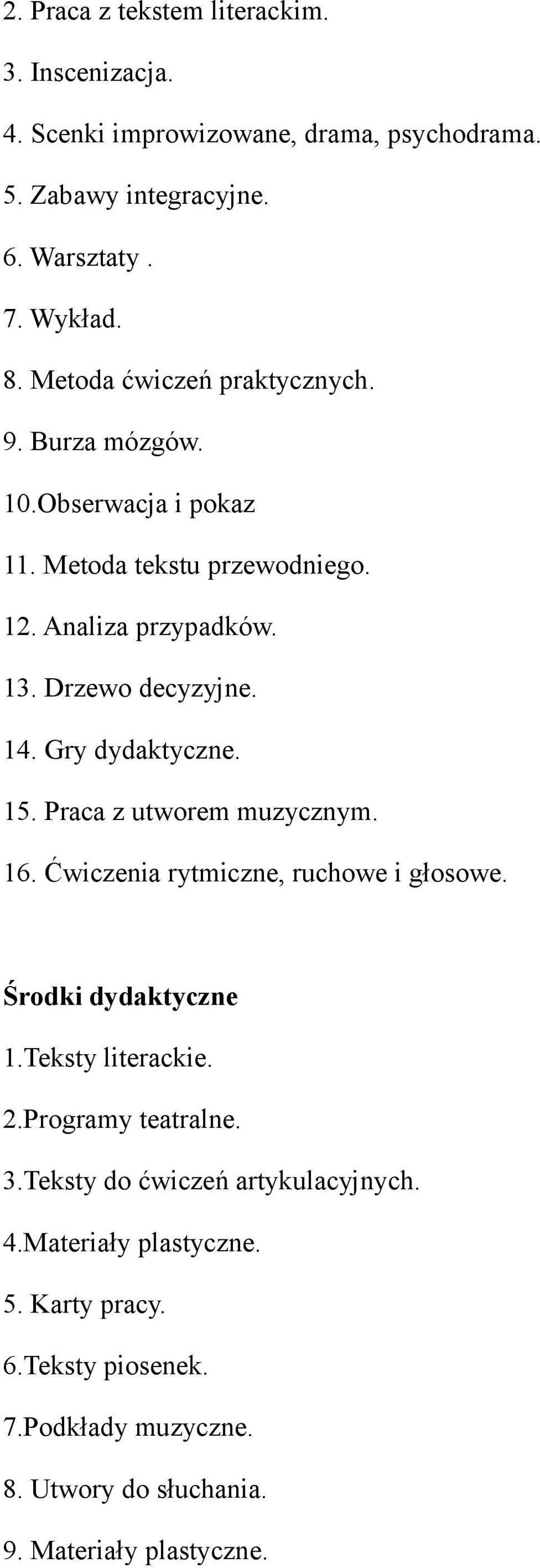 Gry dydaktyczne. 15. Praca z utworem muzycznym. 16. Ćwiczenia rytmiczne, ruchowe i głosowe. Środki dydaktyczne 1.Teksty literackie. 2.Programy teatralne.