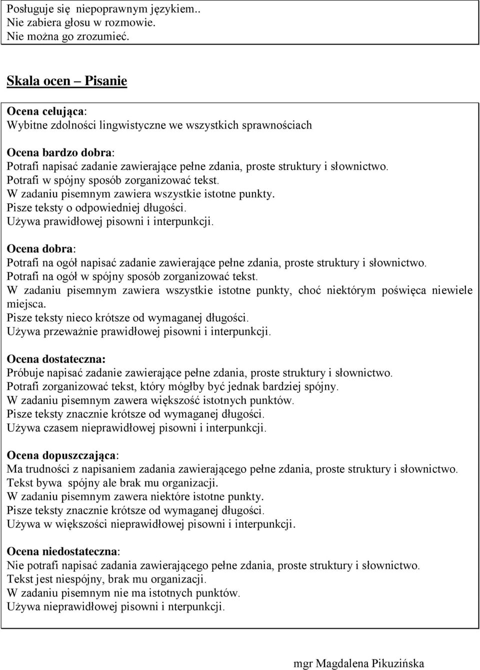 Potrafi w spójny sposób zorganizować tekst. W zadaniu pisemnym zawiera wszystkie istotne punkty. Pisze teksty o odpowiedniej długości. Używa prawidłowej pisowni i interpunkcji.