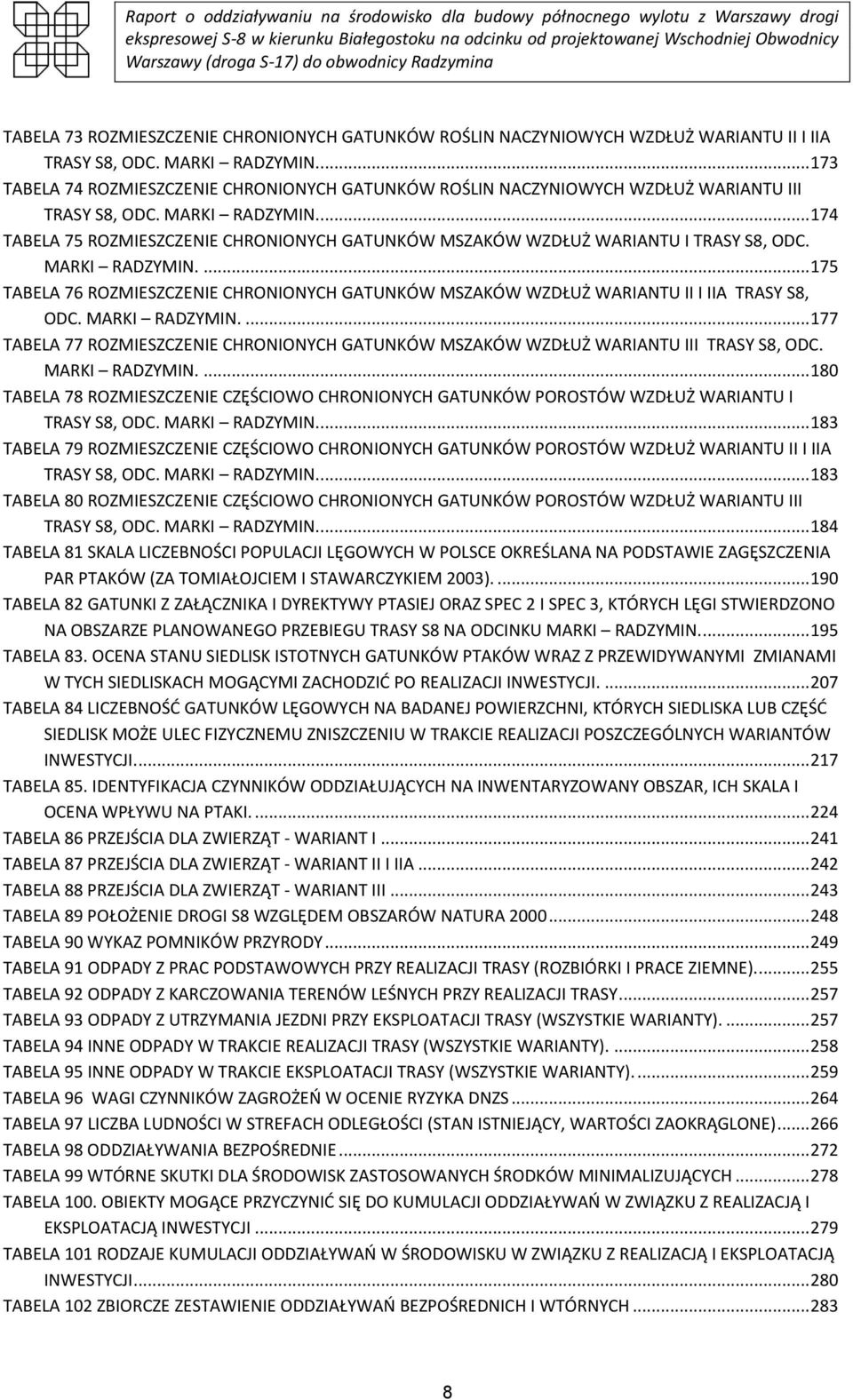 .. 174 TABELA 75 ROZMIESZCZENIE CHRONIONYCH GATUNKÓW MSZAKÓW WZDŁUŻ WARIANTU I TRASY S8, ODC. MARKI RADZYMIN.
