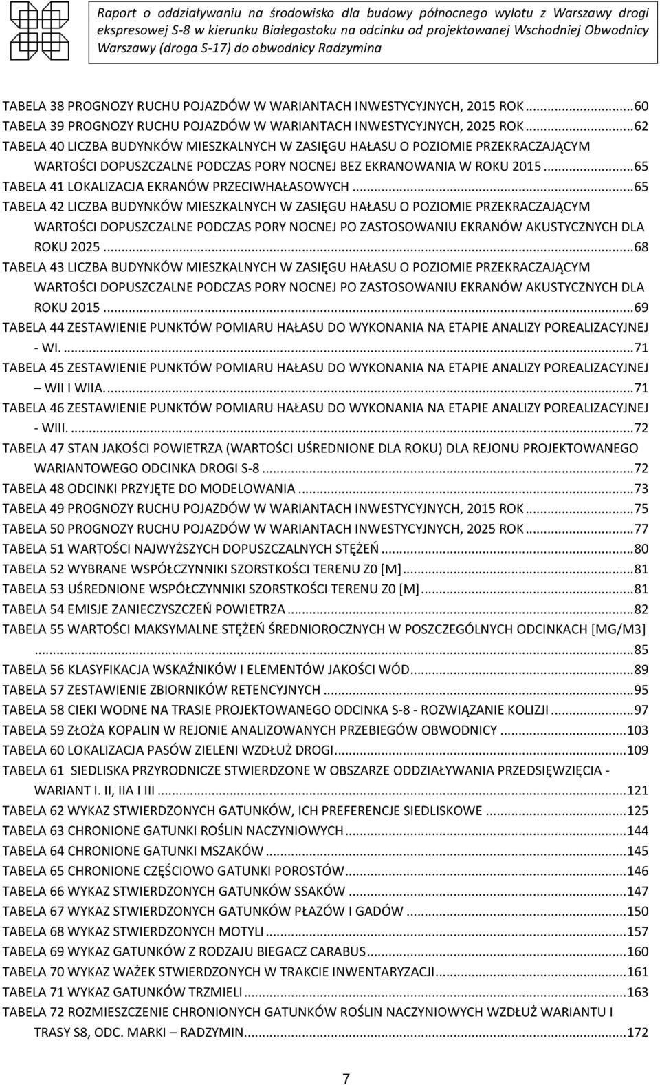 .. 65 TABELA 41 LOKALIZACJA EKRANÓW PRZECIWHAŁASOWYCH.