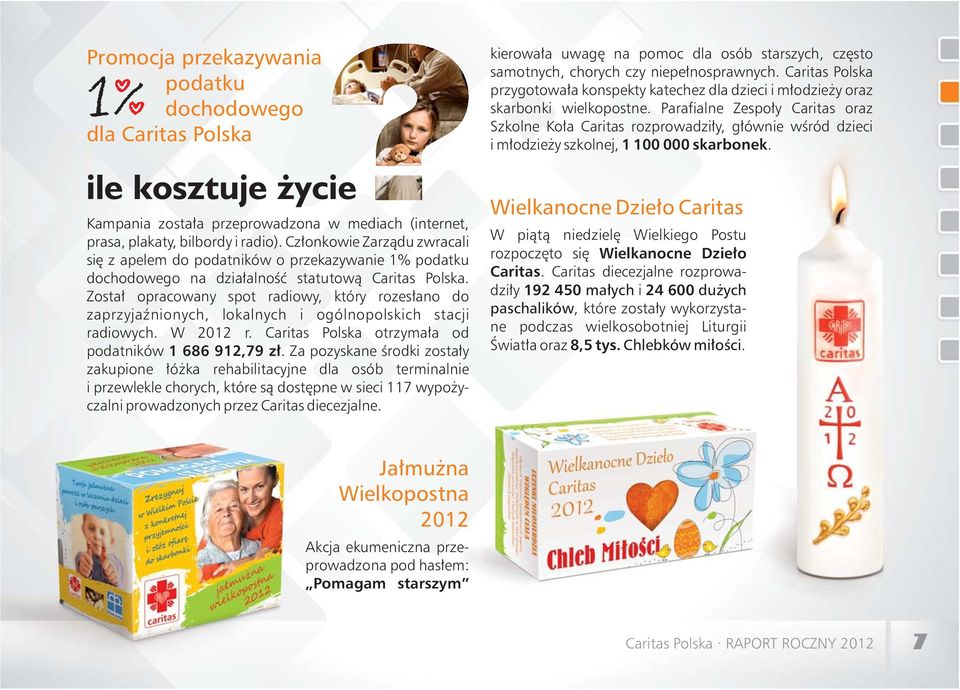 Został opracowany spot radiowy, który rozesłano do zaprzyjaźnionych, lokalnych i ogólnopolskich stacji radiowych. W 2012 r. Caritas Polska otrzymała od podatników 1 686 912,79 zł.