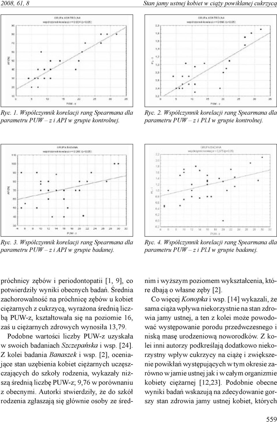 Współczynnik korelacji rang Spearmana dla parametru PUW z i Pl.I w grupie badanej. próchnicy zębów i periodontopatii [1, 9], co potwierdziły wyniki obecnych badań.