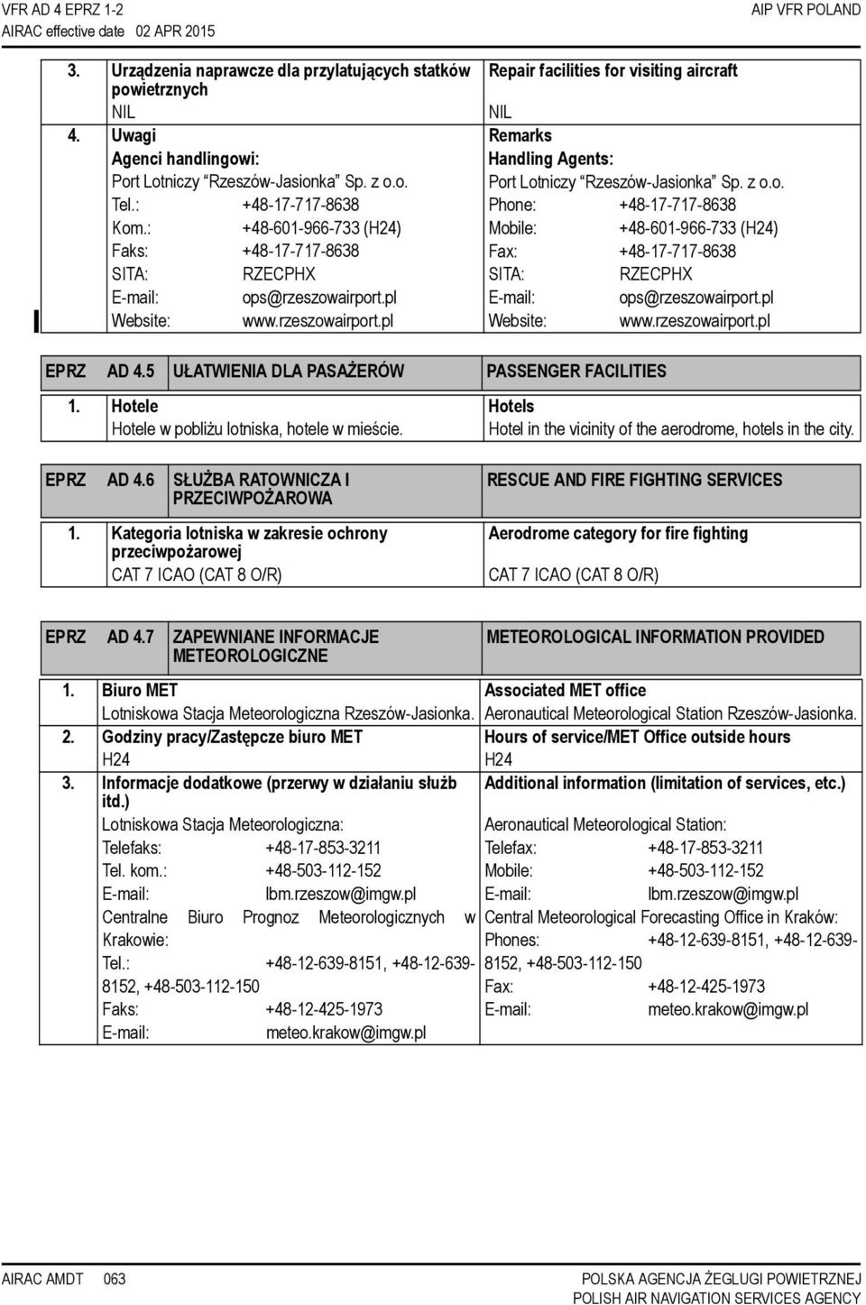 : +48-601-966-733 (H24) Mobile: +48-601-966-733 (H24) Faks: +48-17-717-8638 Fax: +48-17-717-8638 SITA: RZECPHX SITA: RZECPHX ops@rzeszowairport.pl ops@rzeszowairport.pl Website: www.rzeszowairport.pl Website: www.rzeszowairport.pl EPRZ AD 4.