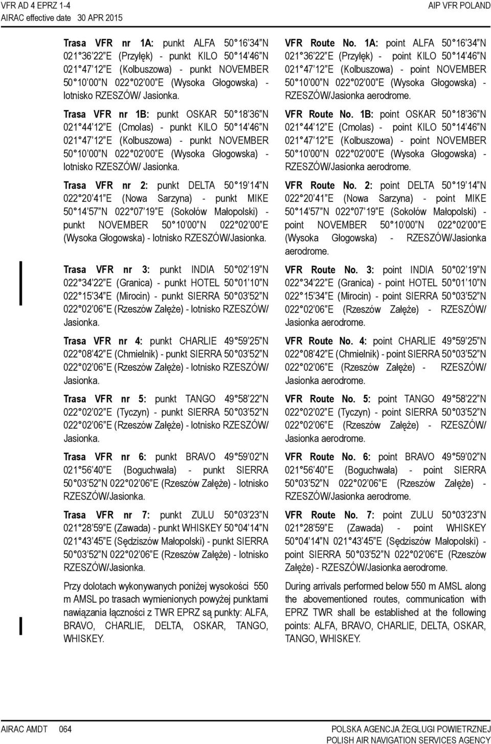 Trasa VFR nr 1B: punkt OSKAR 50 18 36 N 021 44 12 E (Cmolas) - punkt KILO 50 14 46 N 021 47 12 E (Kolbuszowa) - punkt NOVEMBER 50 10  Trasa VFR nr 2: punkt DELTA 50 19 14 N 022 20 41 E (Nowa Sarzyna)