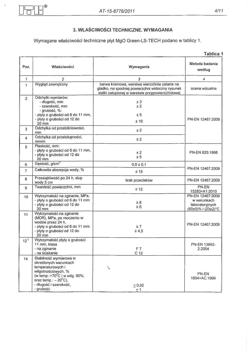 w warstwie przypowierzchniowej 2 Odehylki wymiar6w: - dluqosc, mm ±3 - szerokosc, mm ±2 - qrubosc, %: - plyty 0 grubosci od 6 do 11 mm, ±5 - plyty 0 qrubosci od 12 do ± 10 PN-EN 12467:2009 20mm 3