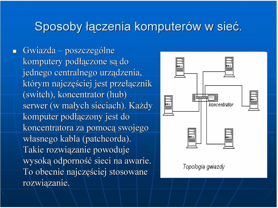 przełącznik (switch), koncentrator (hub) serwer (w małych sieciach).