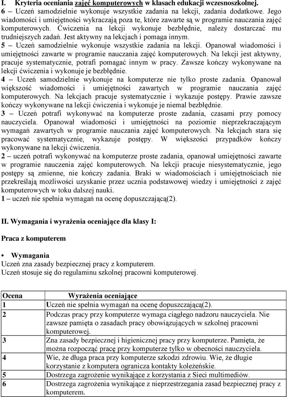 Jest aktywny na lekcjach i pomaga innym. 5 Uczeń samodzielnie wykonuje wszystkie zadania na lekcji. Opanował wiadomości i umiejętności zawarte w programie nauczania zajęć komputerowych.