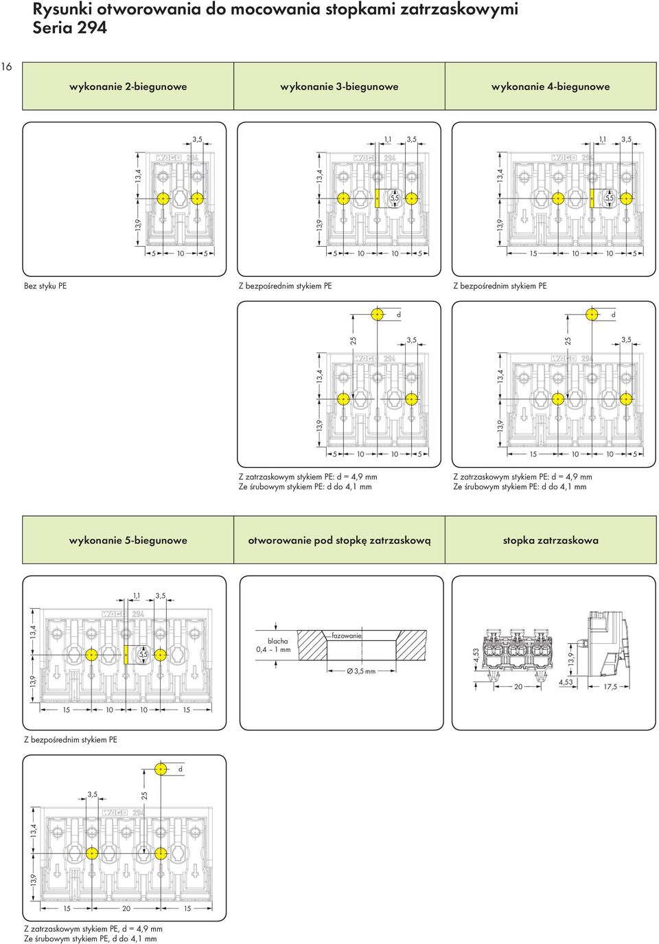 śrubowym stykiem PE: d do 4,1 mm Z zatrzaskowym stykiem PE: d = 4,9 mm Ze śrubowym stykiem PE: d do 4,1 mm wykonanie 5-biegunowe otworowanie pod stopkę zatrzaskową stopka zatrzaskowa 1,1 3,5 13,9