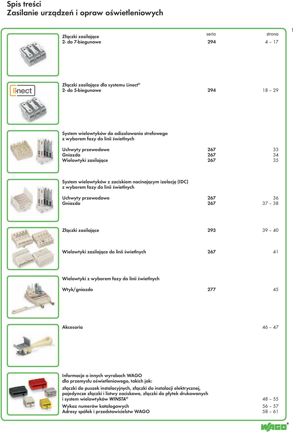 (IDC) z wyborem fazy do linii świetlnych Uchwyty przewodowe 267 36 Gniazda 267 37 38 Złączki zasilające 293 39 40 Wielowtyki zasilające do linii świetlnych 267 41 Wielowtyki z wyborem fazy do linii
