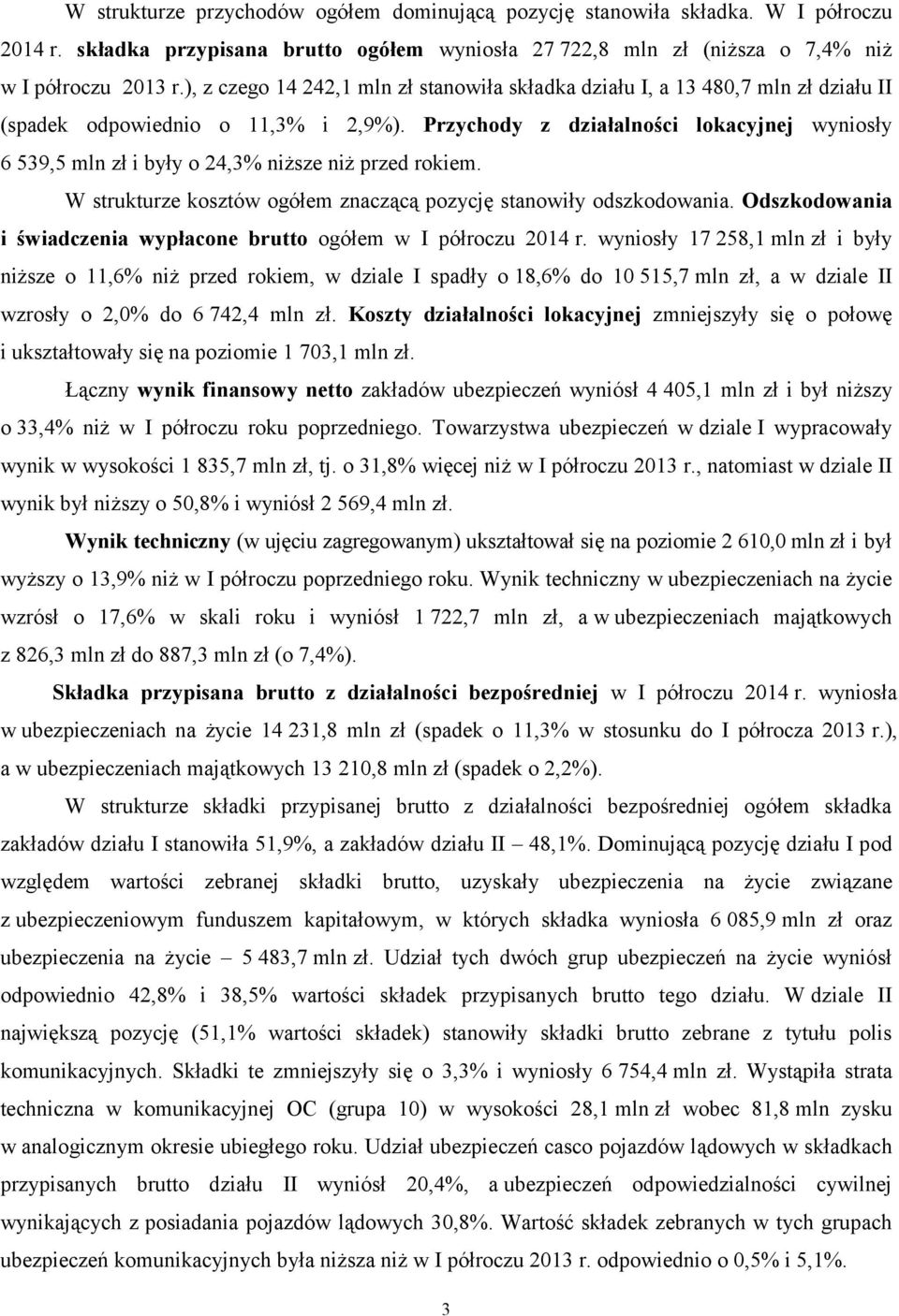 Przychody z działalności lokacyjnej wyniosły 6 539,5 mln zł i były o 24,3% niższe niż przed rokiem. W strukturze kosztów ogółem znaczącą pozycję stanowiły odszkodowania.