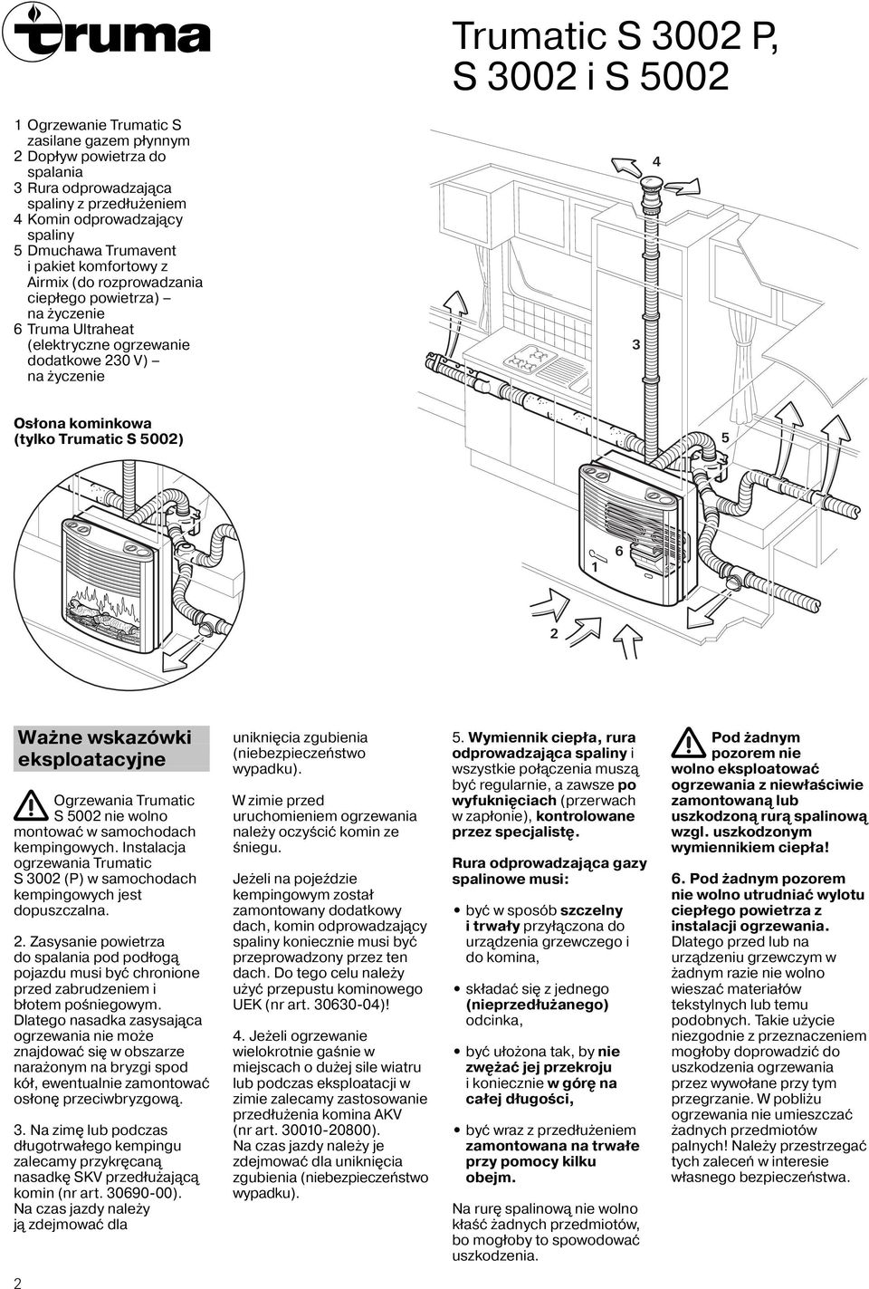 Trumatic S 5002) 5 1 6 2 Ważne wskazówki eksploatacyjne Ogrzewania Trumatic S 5002 nie wolno montować w samochodach kempingowych.