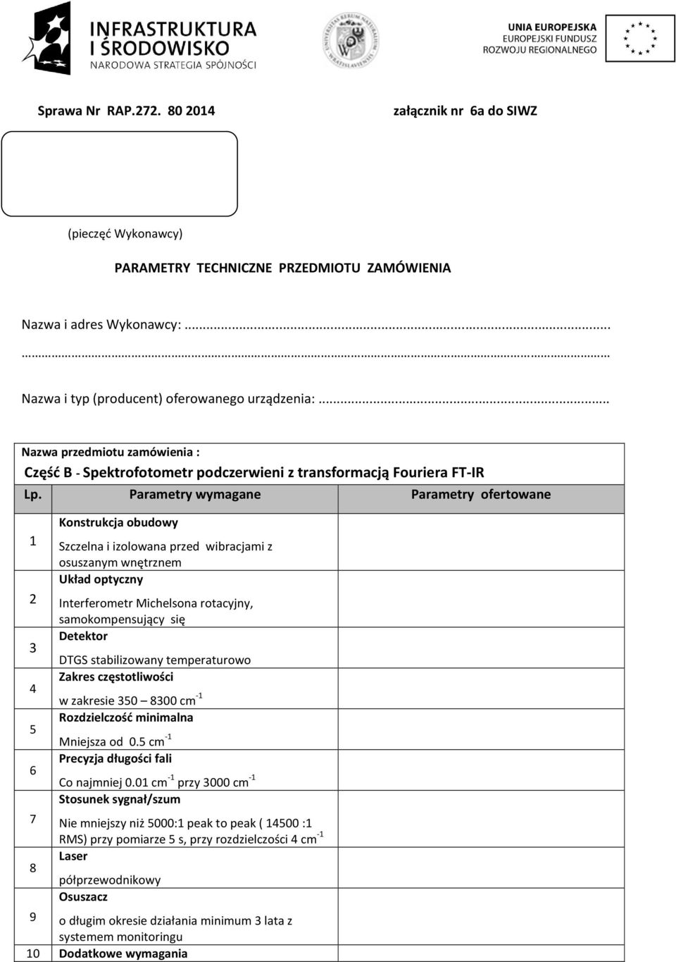 Układ optyczny Interferometr Michelsona rotacyjny, samokompensujący się Detektor DTGS stabilizowany temperaturowo Zakres częstotliwości w zakresie 350 8300 cm -1 Rozdzielczość minimalna Mniejsza od 0.