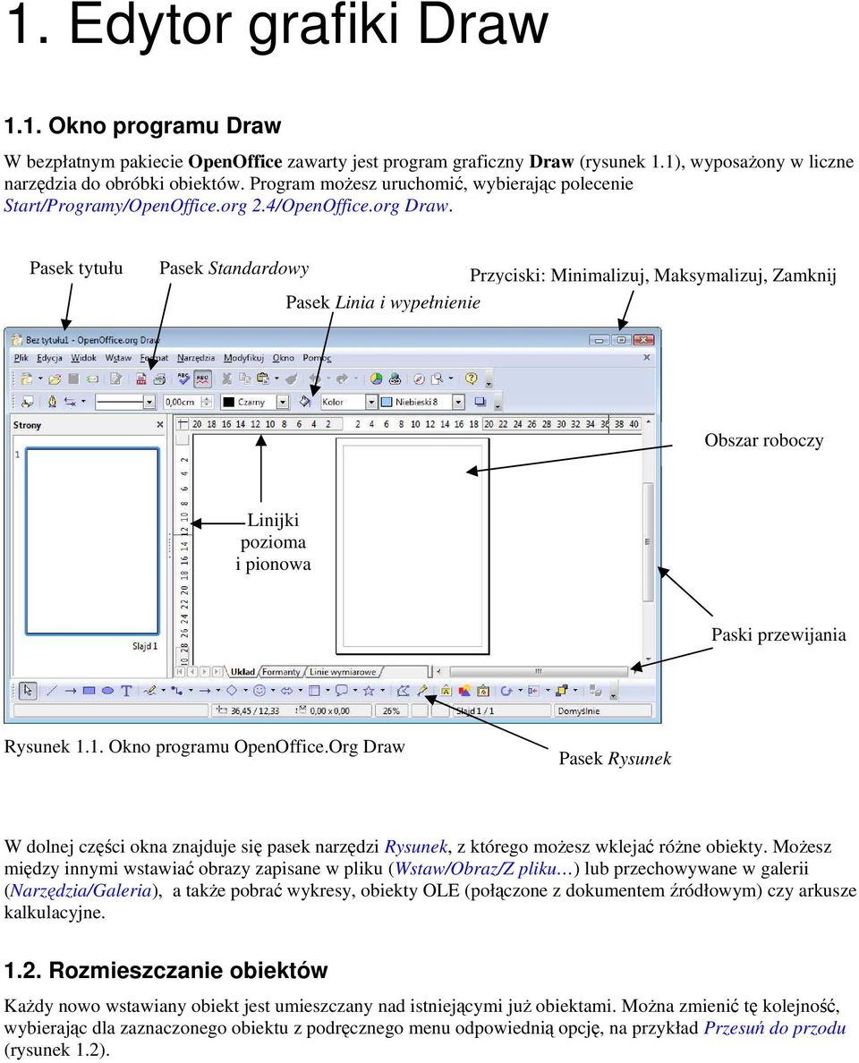 Pasek tytułu Pasek Standardowy Przyciski: Minimalizuj, Maksymalizuj, Zamknij Pasek Linia i wypełnienie Obszar roboczy Linijki pozioma i pionowa Paski przewijania Rysunek 1.1. Okno programu OpenOffice.