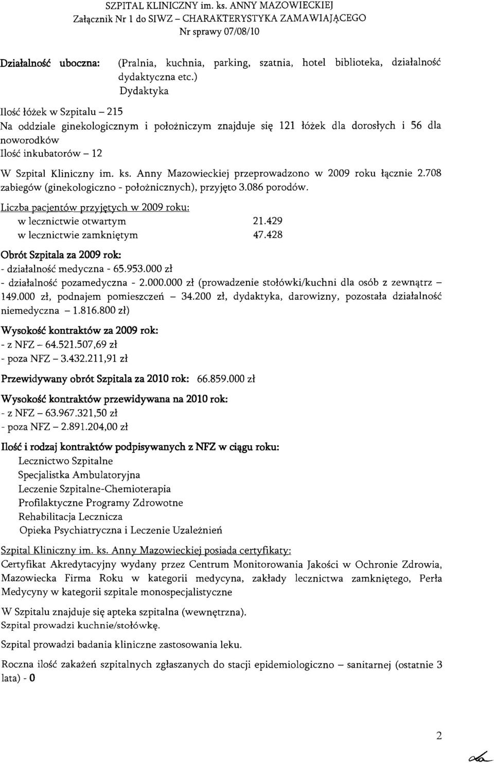 Anny Mazowieckiej przeprowadzono w 2009 roku lqcznie 2.708 zabiegbw (ginekologiczno - poloznicznych), przyjqto 3.086 porodbw. Liczba vacientbw przvietvch w 2009 roku: w lecznictwie otwartym 2.