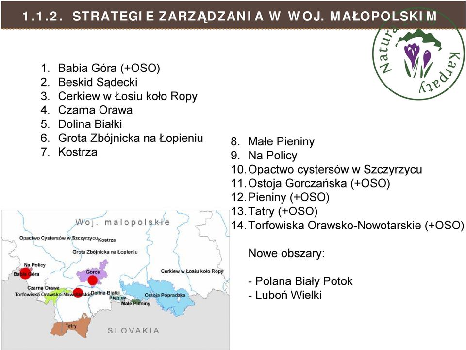 Kostrza 8. Małe Pieniny 9. Na Policy 10.Opactwo cystersów w Szczyrzycu 11.