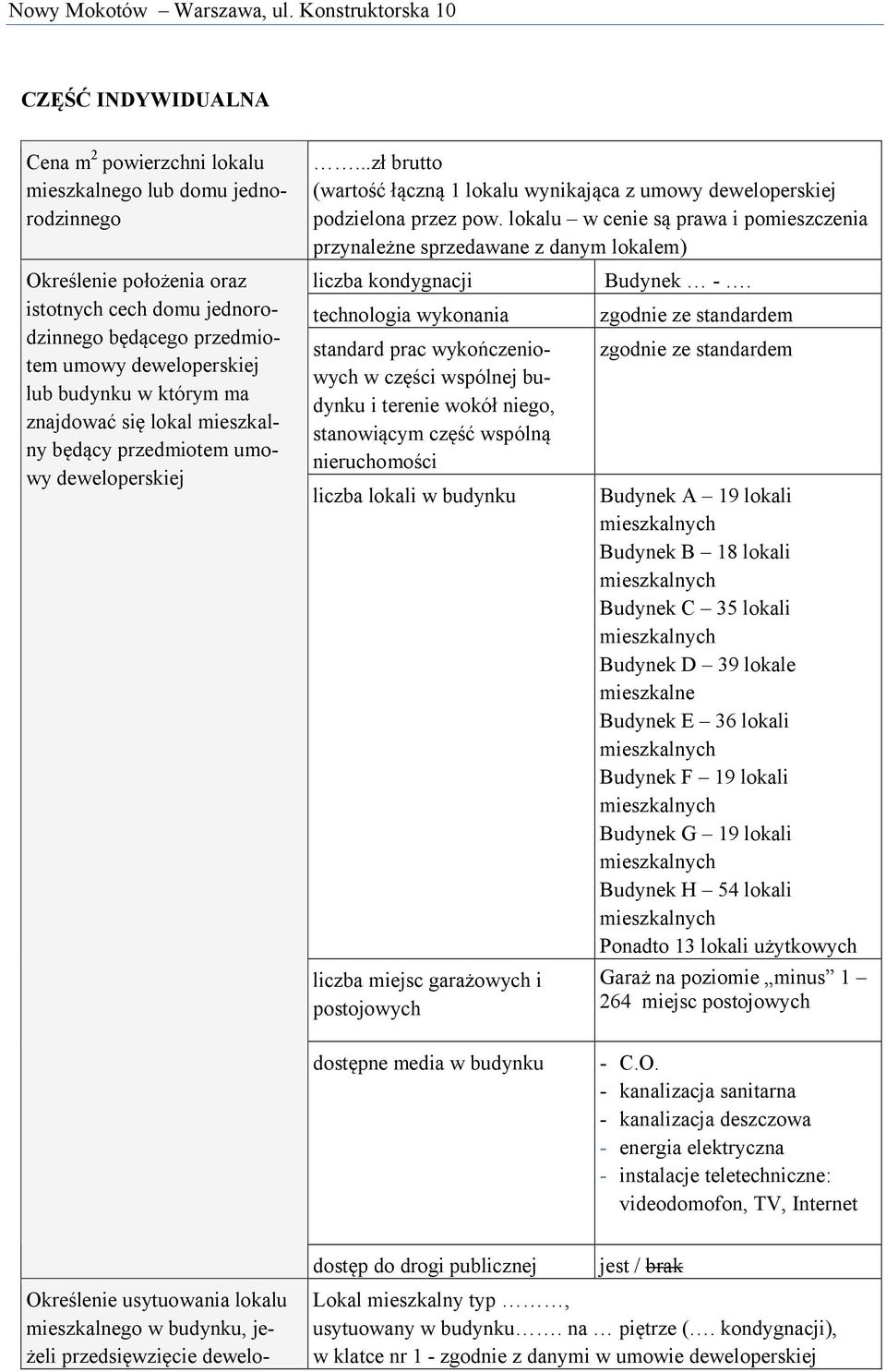 lokalu w cenie są prawa i pomieszczenia przynależne sprzedawane z danym lokalem) liczba kondygnacji technologia wykonania standard prac wykończeniowych w części wspólnej budynku i terenie wokół