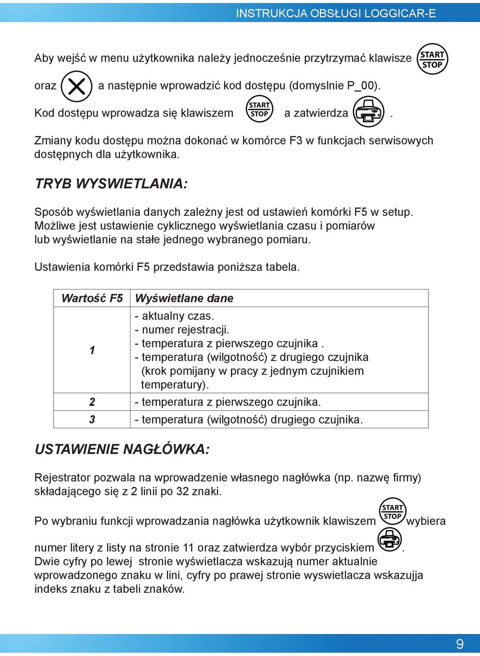 Możliwe jest ustawienie cyklicznego wyświetlania czasu i pomiarów lub wyświetlanie na stałe jednego wybranego pomiaru. Ustawienia komórki F5 przedstawia poniższa tabela.