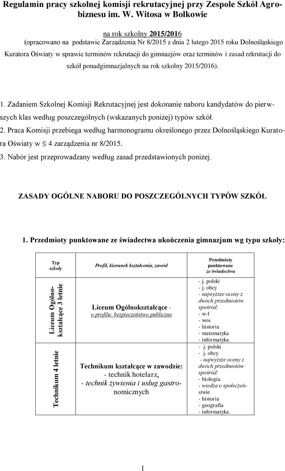 i zasad rekrutacji do szkół ponadgimnazjalnych na rok szkolny 015/016). 1.